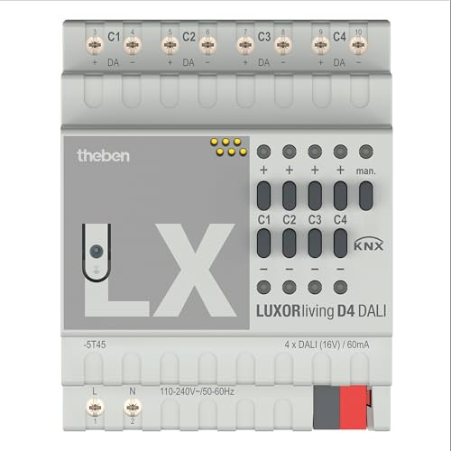Theben 4800300 I LUXORliving D4 DALI I 4-fach DALI-Aktor I Bis zu 30 DALI Betriebsgeräte pro Kanal I DALI-2 I Für KNX Smart-Home System LUXORliving