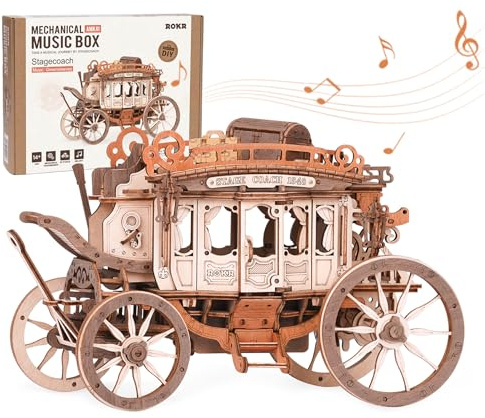 ROKR 3D Wooden Puzzles for Adults-Stagecoach Music Box Kit-DIY Wood Model Kits for Adults-Toy Gifts for Ages 14 and Up