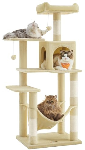 Feandrea Árbol para Gatos, Altura 143 cm, Torre de Gatos, con 4 Postes Rascadores, 2 Plataformas, 1 Cueva, 1 Hamaca, 2 Pompones, Tela de Felpa, Multinivel, Beige PCT161M01