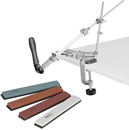 MusyVocay Afilador de Cuchillos Profesional con 4 muelas, afilador de Cuchillos de ángulo Fijo con rotación, Juego de Herramientas de Afilado de Cocina manuales