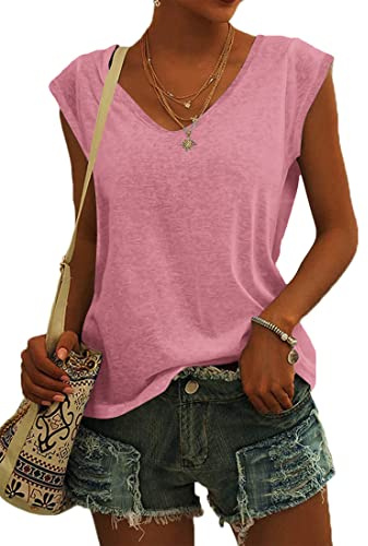 NARRAME Camiseta de Manga Corta para Mujer, Camiseta de Verano, Camisetas Sueltas, Blusas con Cuello en V Liso Rosa Oscuro XX-Large 2XL 50-52