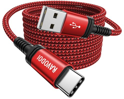 RAVODOI USB-A auf USB-C kabel 3m Nylon Schnellladekabel 1-Stück Rot | 3A Nylon-Geflochten Schnellladekabel für iPhone 15, Samsung Galaxy S20-S24, A12/A21s/A41/A51/A71, PS5, Switch, Google Pixel