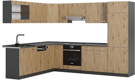 Vicco Hörnkök R-Line, Hantverks ek/antracit, 287 x 227 cm, AP Oak, för individuell utbyggnad med kompatibla tilläggsmoduler