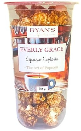 Everly Grace Popcorn – Espresso Euphoria, 60 g – Gobelets de popcorn au caramel sucré et véritable espresso, grignotage silencieux, fait main en Allemagne
