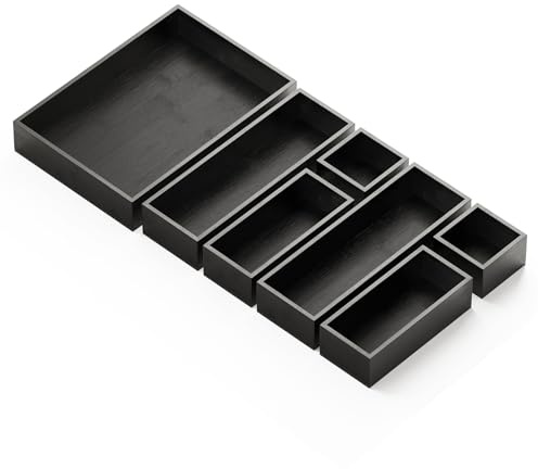 SpaceAid 7-Piece Bamboo Drawer Organizer Storage Boxes Set, Wood Tray Junk Drawer Organizers Multi-Use Divider Bins for Kitchen, Bathroom, Office Desk and Makeup Organization (7 Pack, Black)