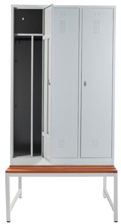 Schrank & Stuhl – Metallspind mit 3 Abteilen, Trennwand und Sitzbank - 40cm Abteilbreite, 220x120x80cm, Schließfachschrank mit Hutboden & Drehriegelverschlüssen, Grau