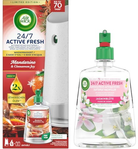 Air Wick Active Fresh Wasserbasiertes Automatisches Duftspray Starter Set Mandarine & Cinnamon Joy 228ml & Nachfüller Jasminblüte