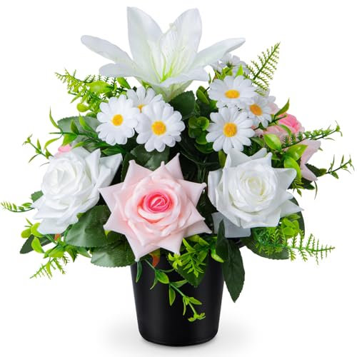 SIFOEL Fiori artificiali per tomba, in vaso, con vaso, per cimitero, funerale, decorazione per tomba all'aperto (1, rosa e bianco)
