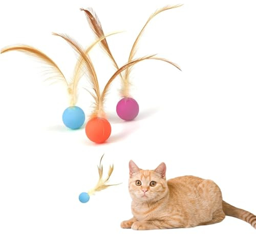 LINTRA 3 Pezzi Elasticità Palline per Gatti, Gioco Interattivo Gatto in Gomma, Palla Gatto Interattiva con Piume, per Gioco, Allenamento e Inseguimento Gatti