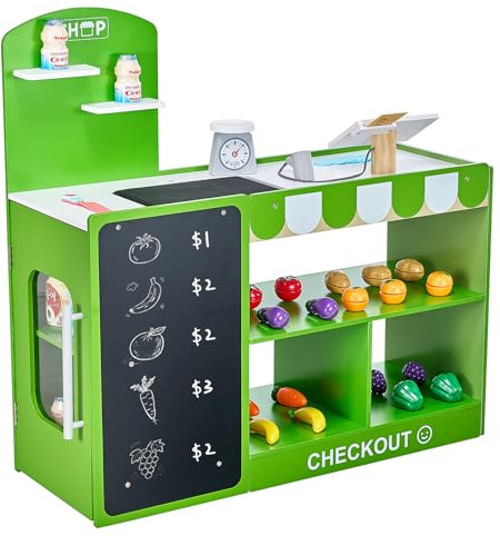 VEVOR Set da Gioco per Bambini in Legno di Alta Qualità 81,5 x 30,7 x 85 cm con Borsa della Spesa, Negozio di Giocattoli con Nastro Trasportatore, Scanner, Registratore di Cassa, Scala Realistica