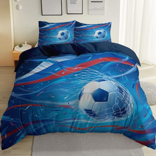 Housse de Couette 240 x 260 cm, Ensemble de Literie Microfibre Bleu foncé Facile d’Entretien Fermeture Éclair, Imprimé Drapeau Simple élément de Football pour Fille et Garçon