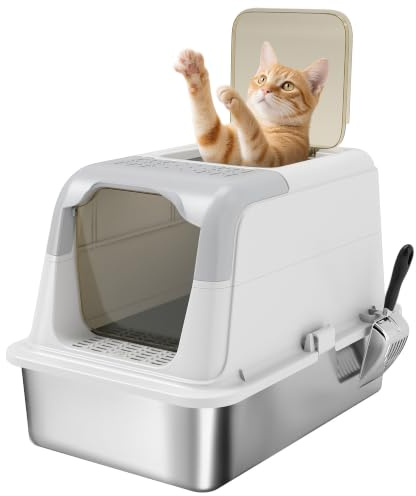 PawHut Katzenklo Edelstahl für Katzen bis 8 kg 60,4x40,4x41,8 cm Weiß | Katzentoilette mit Deckel Haube, Schaufel, Deodorierungsbeutel, Doppelgänge Katzentoilette