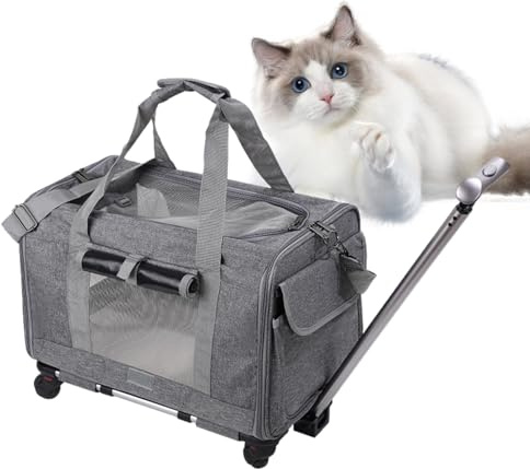 Sac de transport pour chat avec roues - Sac souple et portable pour animaux de compagnie - Chariot approuvé par la compagnie aérienne pour petits chiens et chats - Sac à roulettes léger avec bandes de