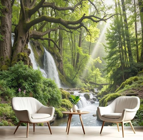 Papel Pintado Bosque Cascada 450 x 315cm Fotomurales Tejido Seda, Plantas Flores Papel Tapiz Murales Fotográfico Decoración de Paredes Para Salón o Dormitorio