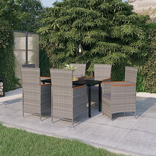 QJBSAVVA 7-TLG. Garten-Essgruppe 140x70 cm mit Verstellbarer Rückenlehne aus PE-Rattan & Akazienholz Modernes Balkonset für kleine Balkone Terrasse und Camping