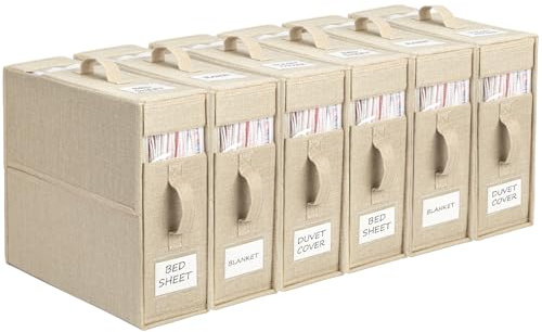 Yeahshion Förvaringsväska för lakan, 6 stycken vikbara sängkläder arrangör, praktisk förvaring av sängkläder och filtar för King & Queen size sängar, beige