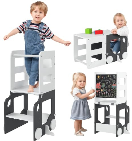 AIYAPLAY Toddler Learning Tower, 4 in 1 Toddler Step Stool with Chalkboard | Security Rail, Standing Tower for Kitchen, Bathroom, Counter, Ages 3-6 Years, White and Grey