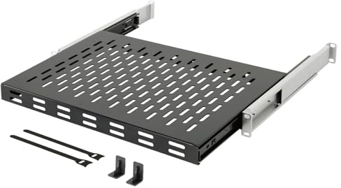 Tecmojo 1HE Schieberegal, 19 Zoll 350mm mit ausziehbarem Fachboden, Zum Festeinbau, Variabele Tiefe 350–500mm, mit Antirutschstopper, Traglast 50 kg für 19-Zoll-AV-/Netzwerkschränke,Schwarz