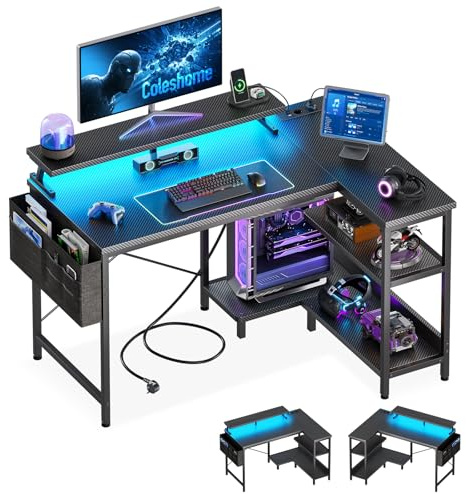 Coleshome Escritorio Gaming Esquinero LED, 100x80cm, Fibra Carbono Negro