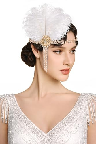 BABEYOND 1920er Jahre Flapper Kopfbedeckung Feder Stirnband mit Strass Quasten Brüllende 20er Jahre Gatsby Kostüm Zubehör