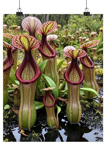 Premium Matte Poster of Colorful Pitcher Plants with Blood-Red Rims Lurking in Tropical Bogs