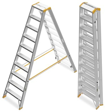 XM-Systeme® Alu-Stufenstehleiter 2 x 10 Stufen – rutschfeste, stabile Trittfläche nach TRBS 2121-2, kompakte Slide-Stop-Stufen – Profi Stehleiter für Industrie & Handwerk - GS-geprüft - Trittleiter