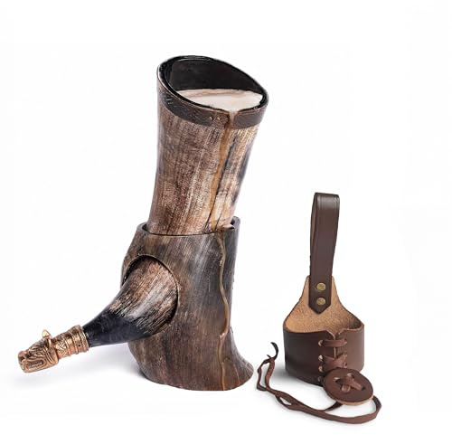 Norse Tradesman Corne à Boire Viking en Bœuf Véritable avec Support et Ornements De Loup en Laiton | The Jarl, Non-Poli, 30 cm | Sac Cadeau en Toile De Jute Inclus