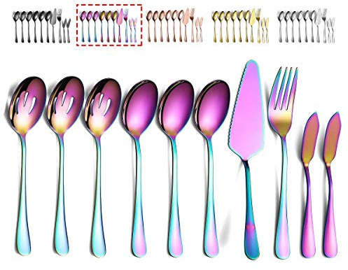 Kyraton Rainbow Cutlery Serving Spoons Set of 10 Pieces, Serving Utensils, Serving Set Include 3 Serving Spoon, 3 Slotted Spoon, 1 Serving Fork, 1 Cake Server, 2 Butter Knife Spreaders