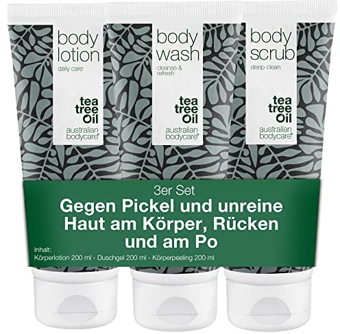 Australian Bodycare Set gegen Pickel auf dem Rücken | Teebaumöl Körperpeeling, Duschgel & Bodylotion bei unreiner Haut & gegen Pickel am Po | Auch gegen Juckreiz am ganzen Körper | 100% Vegan
