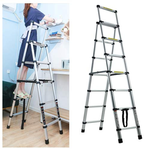 Telescoping Ladder A-Frame Aluminum Extension Ladder Lightweight Portable Multi-Purpose Folding Ladder Compact Attic Ladder 6+7 Step Ladder, 330 Pound Load Capacity