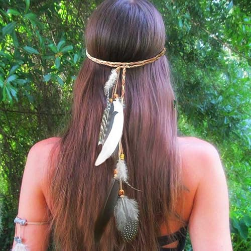 Fashband Indisches Feder-Stirnband, Boho-Hippie-Kopfschmuck, mehrlagig, Tribal-Festival-Haarschmuck für Frauen