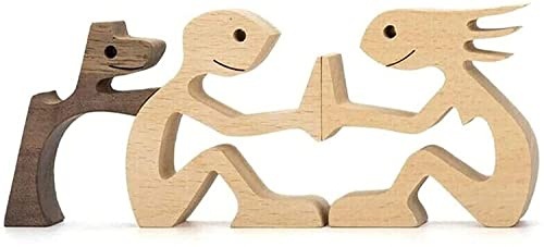 Qklovni Holzskulpturen, handgefertigte Akzente, Bastelfigur für Heimdekoration, Akzente, Familie und Welpen, Holzhandwerk, Skulptur für Zuhause, Büro, Wohnzimmer (Paar und Hund)