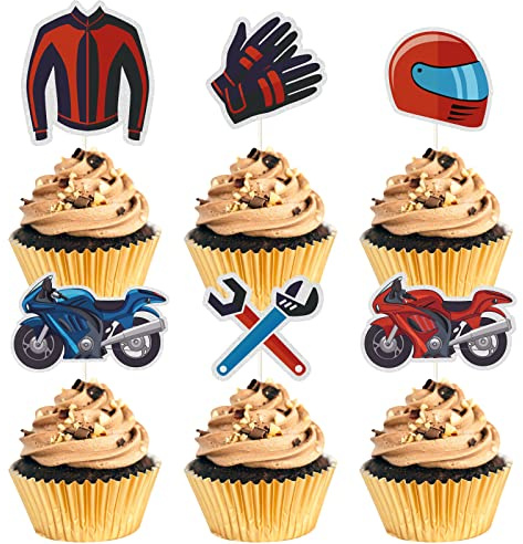 MEFENG Motorcycle Racing Theme Birthday Cupcake Toppers,Boy Birthday Party Decor Racing Party Decorations, Motorcyclist Party Supplies.18 Pcs