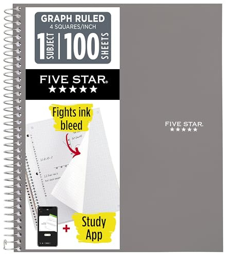 Five Star Spiral Notebook + Study App, 1 Subject, Graph Ruled Paper, 8-1/2 x 11, 100 Sheets, Fights Ink Bleed, Water Resistant Cover, Gray (620000AA3)