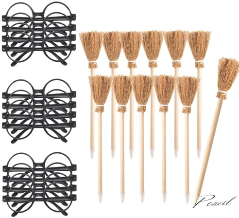 Col-Pary Lápices de escoba de bruja y gafas de mago, suministros de fiesta para adolescentes , decoración de fiesta de Halloween,regalo de cumpleaños para, recompensa escolar- 12pcs cada uno