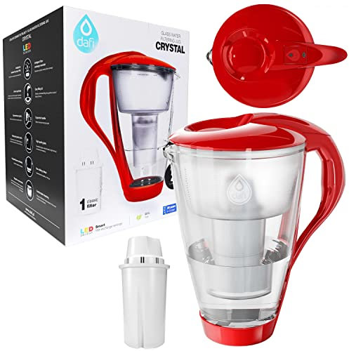 Dafi Crystal LED Wasserfilterkanne, Glas-Wasserfilter Classic 2.0L mit Filter-Kartusche | Rot Filter Jug Inklusive 1 Filterkartusche & LED-Sensor | Glaskanne zur Reduzierung von Kalk, Chlor, Blei