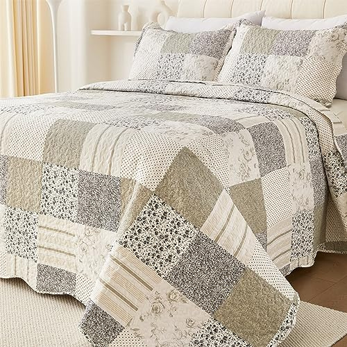 Cmfshape Sommer-Bettwäsche-Set mit Blumenmuster, grau, Patchwork-Steppdecke, Queen-Size-Bett, wendbar, gesteppte Tagesdecke mit 2 Kissenbezügen, Vintage-Bauernhaus-Decke (grau, Queen-Size-Bett 228 x