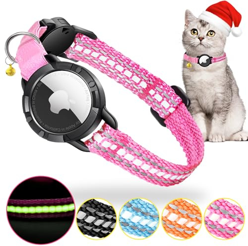 Airtag Katzenhalsband - Integriertes Katzenhalsband Airtag Wasserdicht,Reflektierendes Katzenhalsband mit Abbrechbarer Sicherheitsschnalle & Elastischer Gummizug für Kätzchen Klein Hund (Rosa XS)