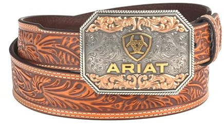 ARIAT mäns upphöjd logotyp blommig präglad avsmalnande läderbälte, SOLBRÄNNA, 34