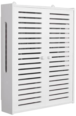 KOOGIMDDR Wandregal aus PVC für WLAN-Router & Steckdosen - 2 höhenverstellbare Ebenen mit Schwingtüren - Staubsicheres Kabelmanagement (Kabelbox) - Platzsparend für Wohnzimmer/Büro - Montagefreundlich