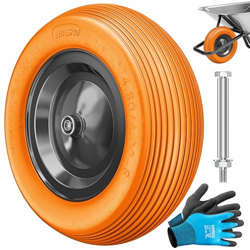 MASKO® PU Schubkarrenrad Vollgummi 200 kg 4.80/4.00-8 Ø 390mm Achse Ersatzrad Gummirad Stahlfelge Reifen pannensicher für Schubkarre Gartenkarren pannensicheres PU Rad inkl. Handschuhe, Orange