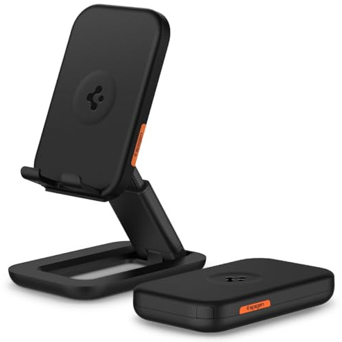 Spigen Universal Cellphone Stand [Pouch Included], Adjustable Foldable Phone Holder for Travel, Desk, Designed for iPhone 17 16 15 14 13 17e Samsung S26 S25 Pixel 10 10a 9 iPad Nintendo Switch - Black