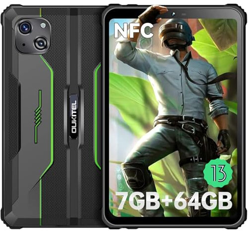 OUKITEL RT3 - Tablette Incassable 8 Pouces, Android 12 Tablette Tactile 5150mAh Batterie, 7Go+64Go(TF 1To), Mini Tablette Durcie 16MP Caméra, 5G WiFi, 4G Double SIM, IP68/IP69K/GPS/NFC, Vert