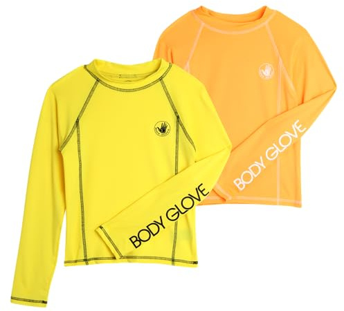 Body Glove Boys Swim Shirt - 2 Pack UPF 50+ Sun Protection Quicky Dry Long Sleeve Rash Guard for Boys Kids Swimwear (2T-14), Size 12, Orange/Yellow
