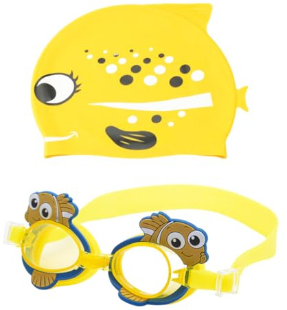 Kids Swimming Cap Set 2pcs Swim Glasses Waterproof Swimming Hat, Adjustable Toddler Swim Hat Kids UV Protection Anti Fog Swim Glasses for Children Teens, 3-14 Years Old