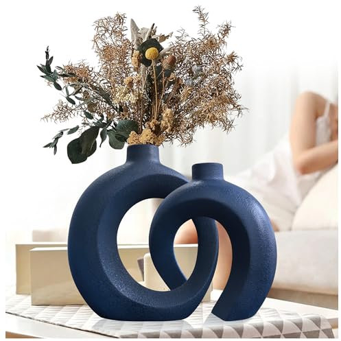 Blue Vase Set of 2 - Donut Navy Vases Home Decor, Modern Coastal Decor - Decorative Vase, Ceramic Decorations for Living Room Coffee Table Bookshelf Shelf Console Mantle (Matte Navy Blue)