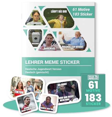 Lehrer Meme Sticker Set 183 STK mit 61 Motiven – Deutsche Jugendwort | Lehrer Geschenk – ideal für Klassenraum, Noten und den täglichen Schulalltag, perfekt für den Lehrerbedarf