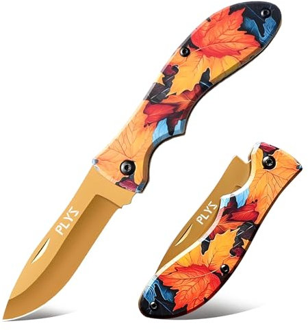 Plys Couteau pliant doré, couteau de poche pour randonnée en plein air, couteau de survie, couteau pliant Portable, motif feuille d'érable jaune