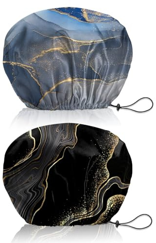 BHAHB 2 Stück Duschhaube, Doppelschicht Wasserdicht Elastisch Einstellbar shower cap wiederverwendbar,ästhetisch,niedlich Duschhaube für Damen (V8-Blau Schwarz Marmor)