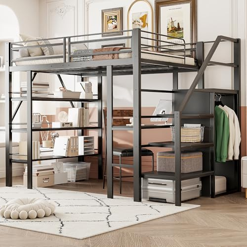Azkoeesy Metall Kinder-Hochbett mit Schreibtisch, Treppe, Kleiderschrank, Lagerregale, 140x200 cm, Doppelbett für Teenager und Erwachsene, schwarz